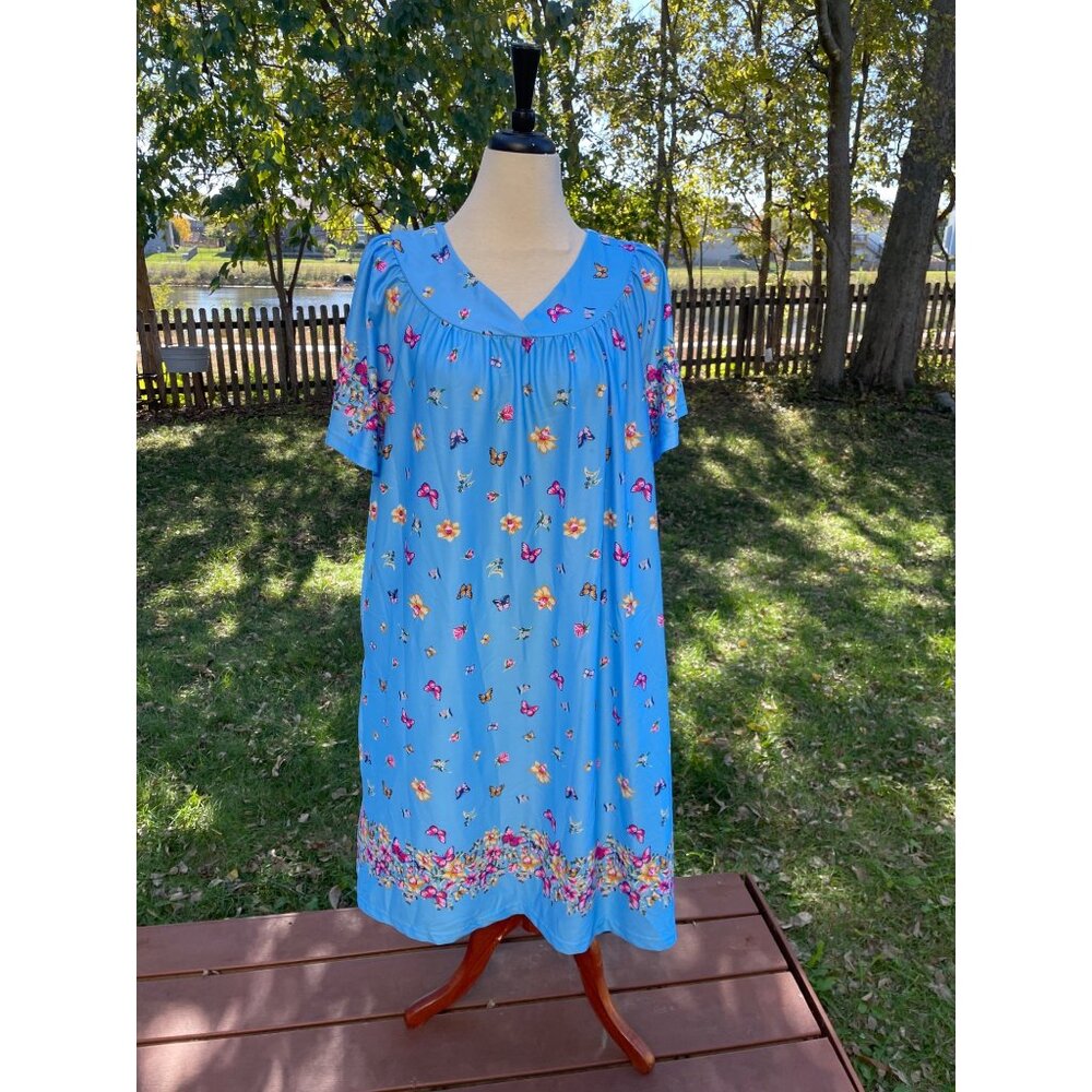 Blue Floral Butterfly Print Short Sleeve House Dress 1X By Metropolitan 100% Pol